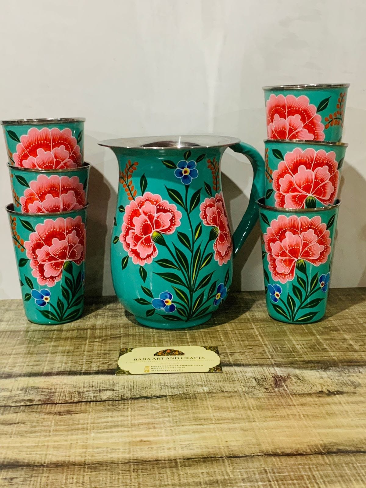 Hand painted jug set, Enamel Ware utensils,Enamelware jug set with 6 hand painted steel glass , kashmiri enamelware, hand painted glasses